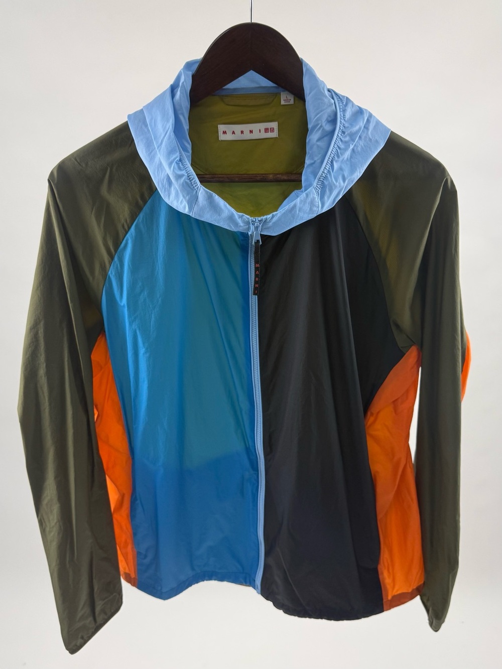 Marni Colorblock Hooded Jacket — Sky Blue, Olive & Orange